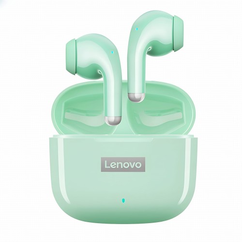 Lenovo LP40 Pro zielone – słuchawki Bluetooth 5.3 z mikrofonem, IPX5 i dotykowym sterowaniem. W zestawie: etui, kabel USB-C, nakładki. 5h pracy, Deep Bass, tryb niskiego opóźnienia, obsługa Siri.