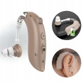 Mini aparat słuchowy BTE beżowy z akumulatorem, redukcją szumów i ładowaniem USB. W zestawie: 4 zatyczki, kabel, ładowarka, etui, instrukcja. Lekki i dyskretny, idealny dla seniorów.
