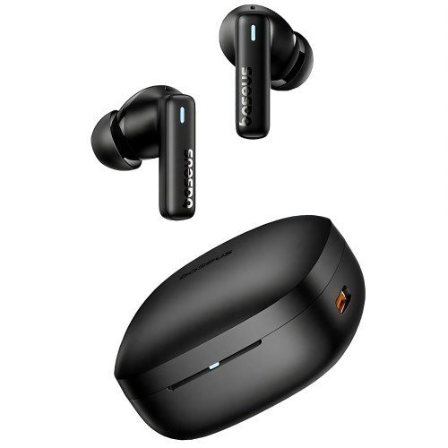 Słuchawki Baseus E19 czarne z Bluetooth 5.3, mikrofonami ENC i IPX5. Zestaw: etui, kabel USB-C, gumki i instrukcja. Do muzyki, rozmów, sportu. 33h pracy z etui, 12 mm przetworniki, sterowanie dotykowe.