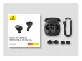 Słuchawki Baseus E19 czarne z Bluetooth 5.3, mikrofonami ENC i IPX5. Zestaw: etui, kabel USB-C, gumki i instrukcja. Do muzyki, rozmów, sportu. 33h pracy z etui, 12 mm przetworniki, sterowanie dotykowe.