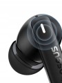 Słuchawki Baseus E19 czarne z Bluetooth 5.3, mikrofonami ENC i IPX5. Zestaw: etui, kabel USB-C, gumki i instrukcja. Do muzyki, rozmów, sportu. 33h pracy z etui, 12 mm przetworniki, sterowanie dotykowe.