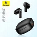 Słuchawki Baseus E19 czarne z Bluetooth 5.3, mikrofonami ENC i IPX5. Zestaw: etui, kabel USB-C, gumki i instrukcja. Do muzyki, rozmów, sportu. 33h pracy z etui, 12 mm przetworniki, sterowanie dotykowe.