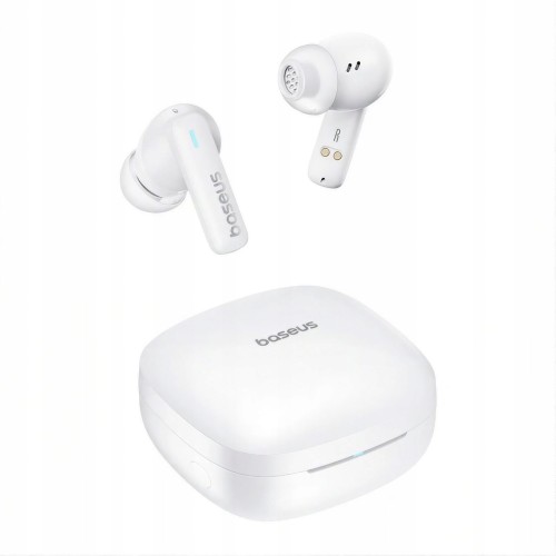 Słuchawki Baseus E19 białe z Bluetooth 5.3, mikrofonami ENC i IPX5. Zestaw: etui ładujące, kabel USB-C, gumki, instrukcja. 33h pracy z etui, mocny bas (12 mm), dotykowe sterowanie, odporność na pot i deszcz.