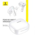 Słuchawki Baseus E19 białe z Bluetooth 5.3, mikrofonami ENC i IPX5. Zestaw: etui ładujące, kabel USB-C, gumki, instrukcja. 33h pracy z etui, mocny bas (12 mm), dotykowe sterowanie, odporność na pot i deszcz.