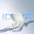 Słuchawki Baseus E19 białe z Bluetooth 5.3, mikrofonami ENC i IPX5. Zestaw: etui ładujące, kabel USB-C, gumki, instrukcja. 33h pracy z etui, mocny bas (12 mm), dotykowe sterowanie, odporność na pot i deszcz.