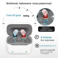 Aparaty słuchowe Cadenza Fi6 z etui ładującym USB-C, końcówkami silikonowymi i akcesoriami. Model bez recepty, redukcja hałasu, 16 kanałów, 140h działania z powerbankiem. Dyskretne i lekkie – tylko 2 g.