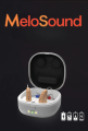 Supermini aparat słuchowy Muse 1200M RIC w etui ładującym z funkcją suszenia. Widoczne akcesoria: wkładki douszne, szczoteczka, kabel USB-C. Dyskretny model RIC dla osób z lekkim i umiarkowanym ubytkiem słuchu.